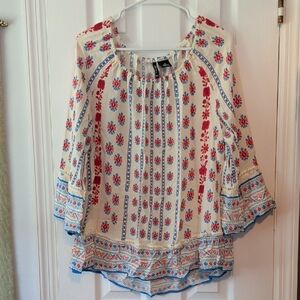 New Directions Cream Blouse with Red and Blue Patterns Sz 0X